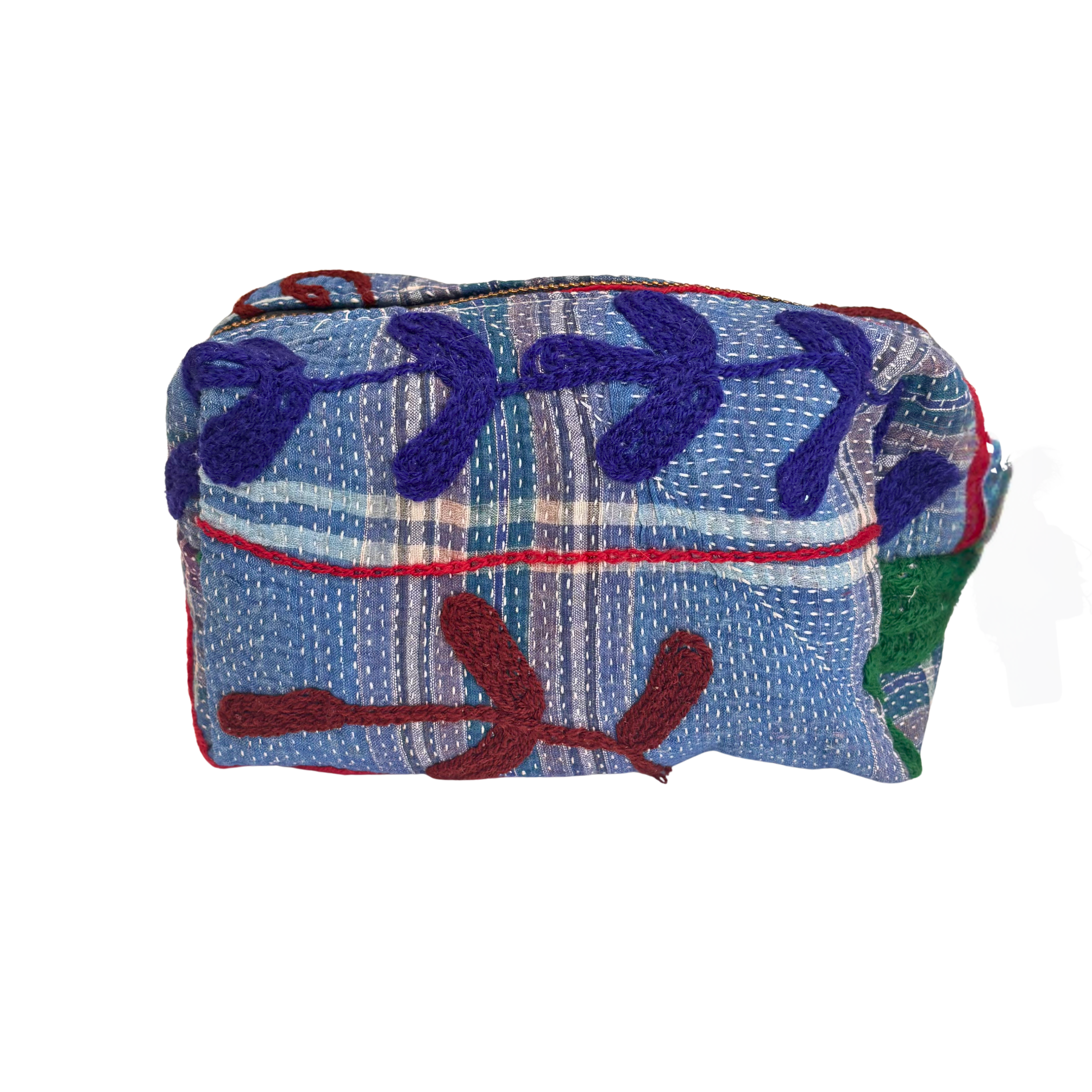 Petite trousse en kantha brodée - Bleu