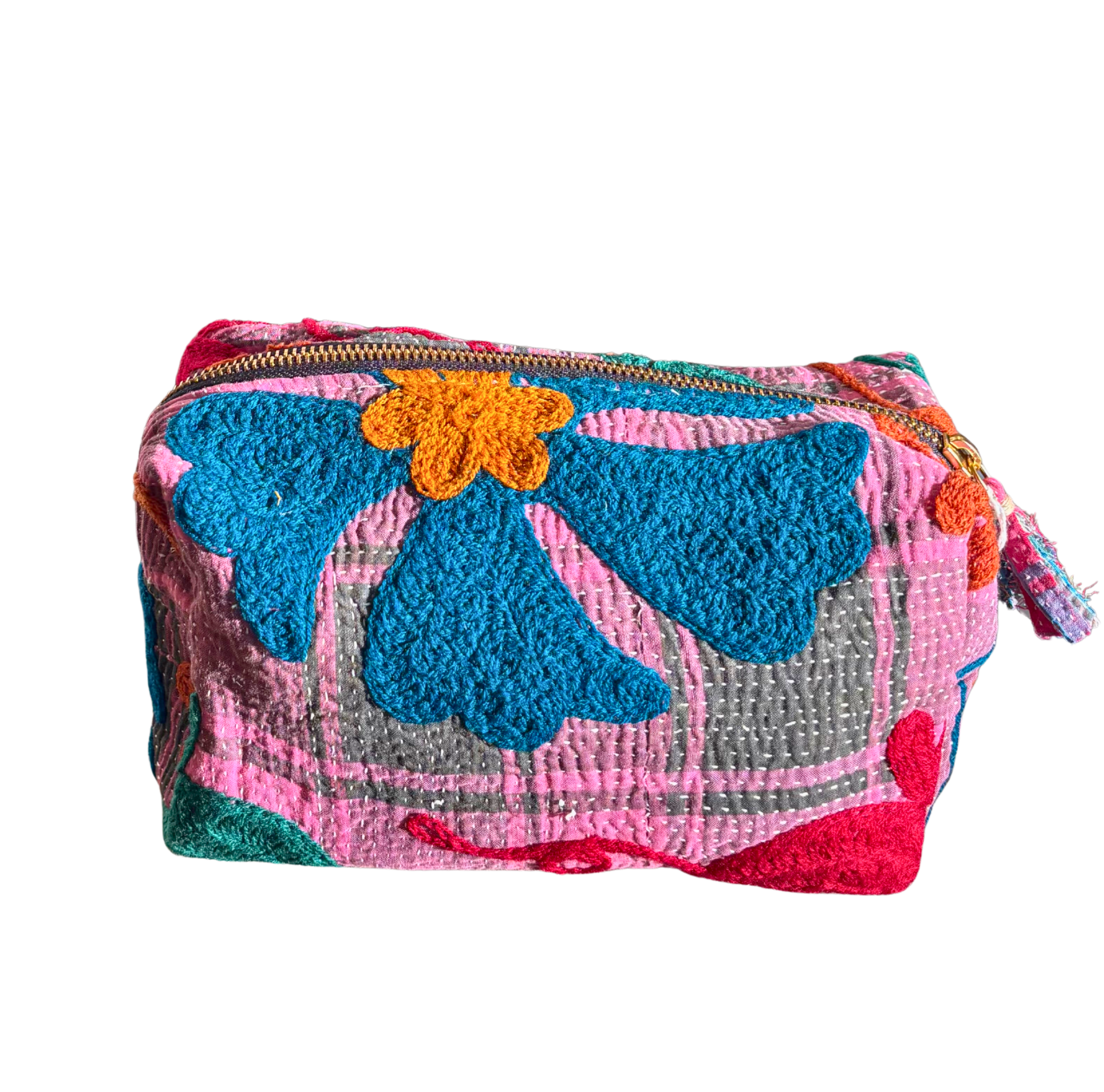 Trousse medium en kantha brodée - Rose