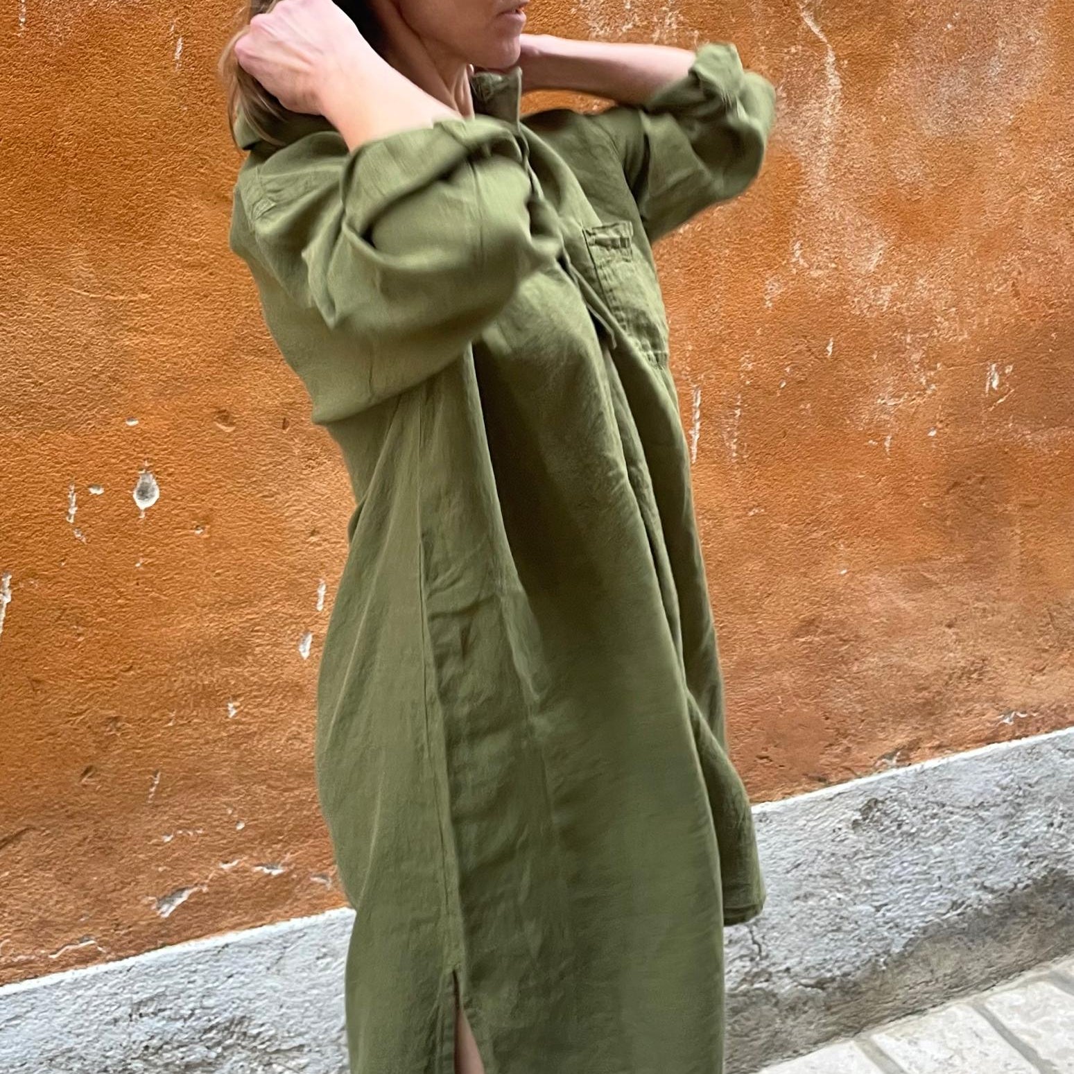Linen shirt dress - Moss green